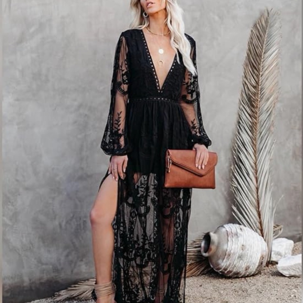 Women's Deep V-Neck Lace Dress Boho Floral Maxi Dress Beach XL NWOT